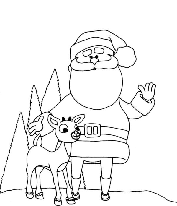 Renifer i Święty Mikołaj w lesie kolorowanka do druku